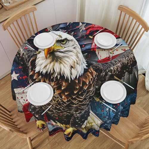 YKLJG Runde Tischdecke mit USA-Flagge, Adler, bedruckt, 152 cm Durchmesser, wasserdichter Stoff, dekorative Tischdecke mit Spitzenrand, für Essen/Party/Buffet/Hochzeit von YKLJG