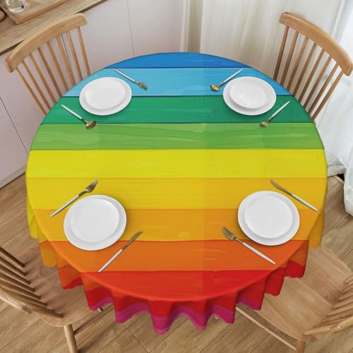 YKLJG Runde Tischdecke mit bunten Regenbogenstreifen, 152 cm Durchmesser, wasserdichter Stoff, dekorative Tischdecke mit Spitzenrand, für Essen/Party/Buffet/Hochzeit von YKLJG