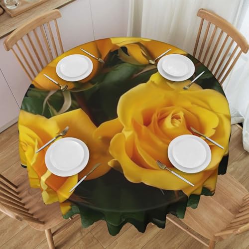 YKLJG Runde Tischdecke mit gelben Rosen, bedruckt, 152 cm Durchmesser, wasserdichter Stoff, dekorative Tischdecke mit Spitzenrand, für Essen/Party/Buffet/Hochzeit von YKLJG