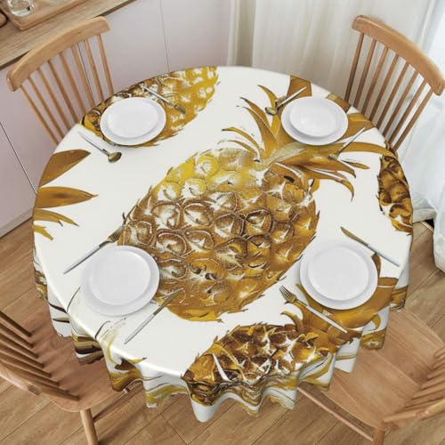 YKLJG Runde Tischdecke mit goldenem Ananas-Hintergrund, 152 cm Durchmesser, wasserdichter Stoff, dekorative Tischdecke mit Spitzenrand, für Essen/Party/Buffet/Hochzeit von YKLJG