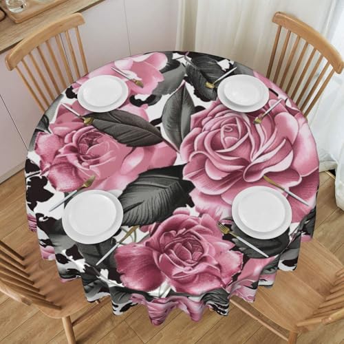 YKLJG Runde Tischdecke mit niedlichem Rosen-Mix, Leopardenmuster, 152 cm Durchmesser, wasserfester Stoff, dekorative Tischdecke mit Spitzenrand, für Essen/Party/Buffet/Hochzeit von YKLJG