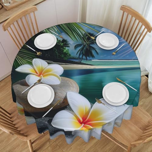 YKLJG Runde Tischdecke mit tropischen Blumen und Zen-Stein, bedruckt, 152 cm Durchmesser, wasserdichter Stoff, dekorative Tischdecke mit Spitzenrand, für Essen/Party/Buffet/Hochzeit von YKLJG