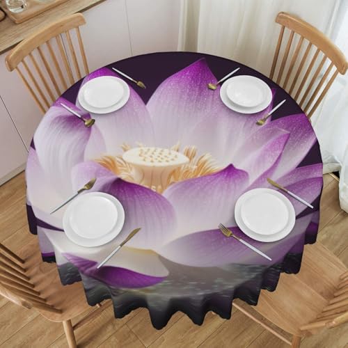 YKLJG Schöne runde Tischdecke mit Lotusblumen-Druck, 152 cm Durchmesser, wasserfester Stoff, dekorative Tischdecke mit Spitzenrand, für Essen/Party/Buffet/Hochzeit von YKLJG