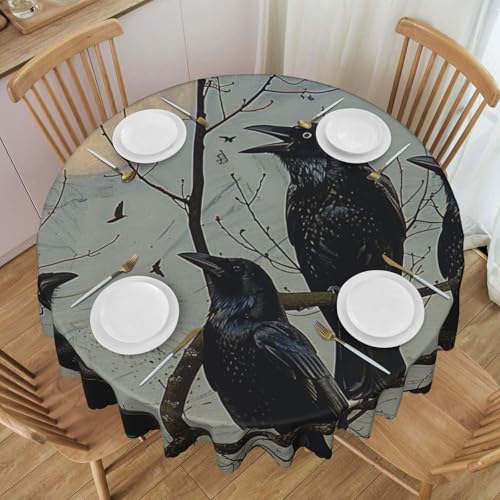 YKLJG Schwarze Tischdecke mit Krähenvögeln, bedruckt, rund, 152 cm Durchmesser, wasserdichte Stoff-Tischdecke, dekorative Tischdecke mit Spitzenrand, für Essen/Party/Buffet/Hochzeit von YKLJG