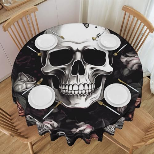 YKLJG Schwarze runde Tischdecke mit Halloween-Motiv und Totenkopf-Motiv, 152 cm Durchmesser, wasserdichter Stoff, dekorative Tischdecke mit Spitzenrand, für Essen/Party/Buffet/Hochzeit von YKLJG