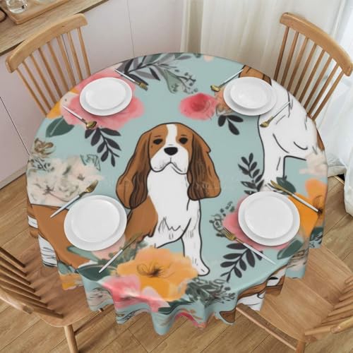 YKLJG Sweet Basset Hound Florals bedruckte runde Tischdecke, 152 cm Durchmesser, wasserdichte Stoff-Tischdecke, dekorative Tischdecke mit Spitzenrand, für Essen/Party/Buffet/Hochzeit von YKLJG