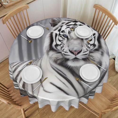 YKLJG The Wild White Tiger bedruckte runde Tischdecke, 152 cm Durchmesser, wasserdichte Stoff-Tischdecke, dekorative Tischdecke mit Spitzenrand, für Essen/Party/Buffet/Hochzeit von YKLJG