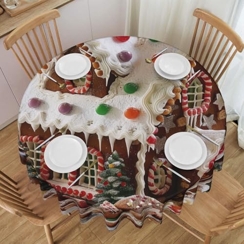 YKLJG Weihnachtliche Tischdecke mit Lebkuchenähnlichem Dorfhaus, bedruckt, rund, 152 cm Durchmesser, wasserdichter Stoff, dekorative Tischdecke mit Spitzenrand für Essen/Party/Buffet/Hochzeit von YKLJG