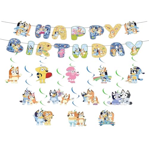 14PCS Geburtstag Kawaii Dog Deko Blue-y Bunting Girlande Hängende Deko Geburtstag Banner Swirl Decorations Blau Dog Happy Birthday Banner Dekoration für Kinder Thema Party von YKMBFEQC