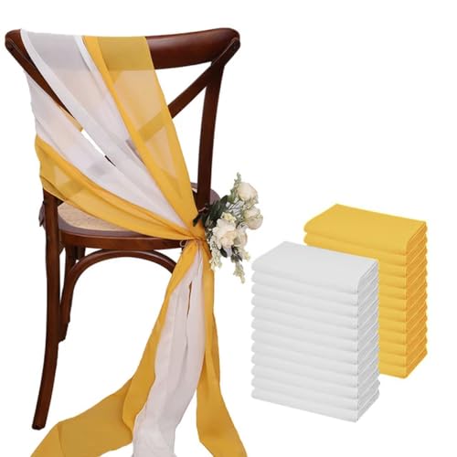 Stuhl Schärpen Bögen， 24 Stück 17 x 275 cm Chiffon-Stuhlschärpen, 12 Sets weiße Stuhlschärpen, Hochzeits-Stuhlschärpen, Band, Hochzeit, Party, Gang, Stuhl-Dekoration(White Yellow) von YKMYXZ