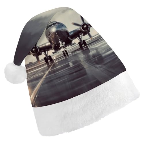 YKUDBN Klassische Weihnachtsmütze, Flugzeug-Kunstdruck, klassische Weihnachtsmannmütze, Urlaubskopfbedeckung, weiche Weihnachtsmannmütze mit weißem Plüschrand für Urlaubsspaß von YKUDBN