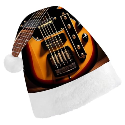 YKUDBN Klassische Weihnachtsmütze, Instrumental-Gitarren-Druck, klassische Weihnachtsmannmütze, Urlaubskopfbedeckung, weiche Weihnachtsmannmütze mit weißem Plüschrand für Urlaubsspaß von YKUDBN