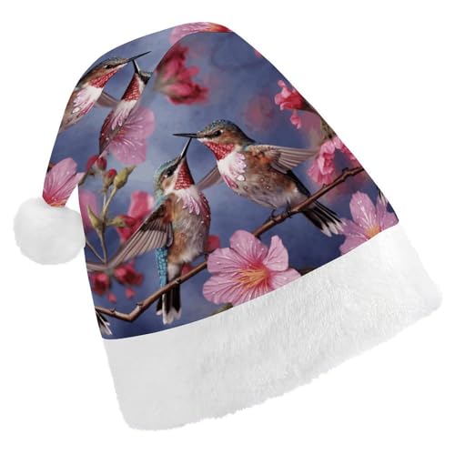 YKUDBN Klassische Weihnachtsmütze, Kolibri mit Druck, klassische Weihnachtsmannmütze, Urlaubskopfbedeckung, weiche Weihnachtsmütze mit weißem Plüschrand für Urlaubsspaß von YKUDBN