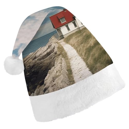 YKUDBN Klassische Weihnachtsmütze, Leuchtturm-Hintergrund, Druck, klassische Weihnachtsmannmütze, Urlaubs-Kopfbedeckung, weiche Weihnachtsmannmütze mit weißem Plüschrand für Urlaubsspaß von YKUDBN