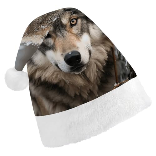 YKUDBN Klassische Weihnachtsmütze, Lmage of Wolf im Schnee Druck, klassische Weihnachtsmannmütze, Urlaubs-Kopfbedeckung, weiche Weihnachtsmannmütze mit weißem Plüschrand für Urlaubsspaß von YKUDBN