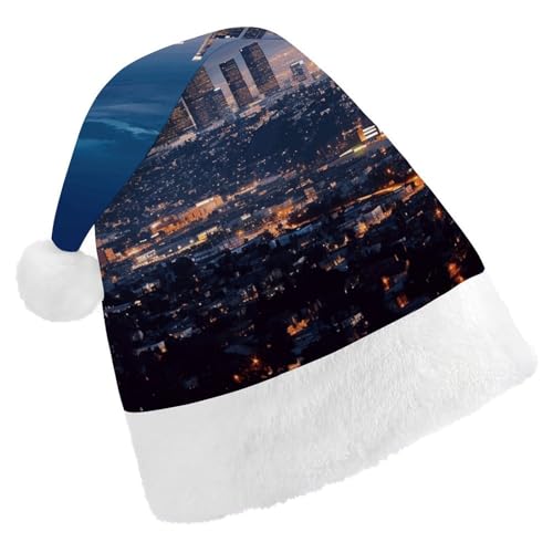 YKUDBN Klassische Weihnachtsmütze, Los Angeles Skyline Druck, klassische Weihnachtsmannmütze, Urlaubskopfbedeckung, weiche Nikolausmütze mit weißem Plüschrand für Urlaubsspaß von YKUDBN