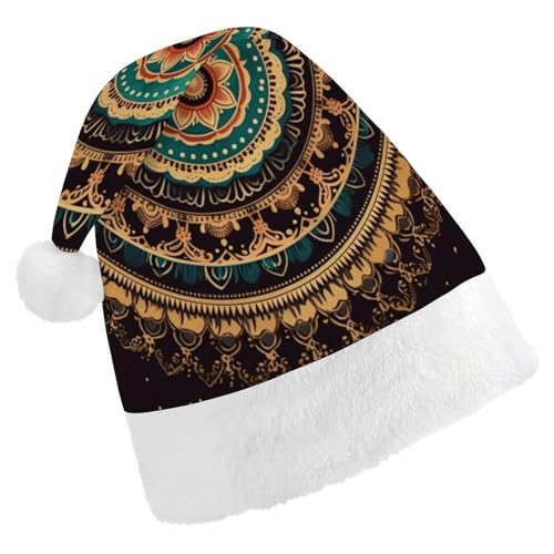 YKUDBN Klassische Weihnachtsmütze, Mandala-Druck, klassische Weihnachtsmannmütze, Urlaubskopfbedeckung, weiche Weihnachtsmannmütze mit weißem Plüschrand für Urlaubsspaß von YKUDBN