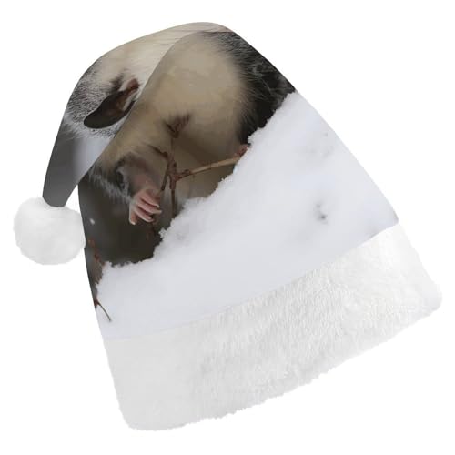 YKUDBN Klassische Weihnachtsmütze, Opossum im Schnee, klassische Weihnachtsmannmütze, Urlaubskopfbedeckung, weiche Weihnachtsmannmütze mit weißem Plüschrand für Urlaubsspaß von YKUDBN