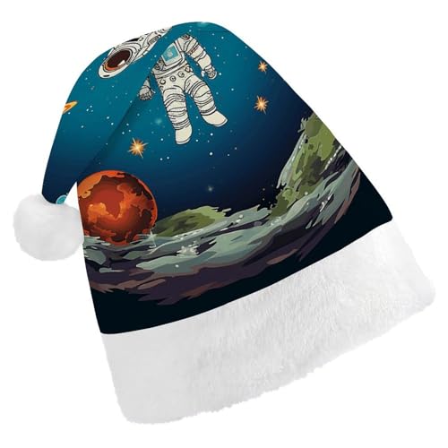 YKUDBN Klassische Weihnachtsmütze, Weltraum-Raketen-Astronauten-Druck, klassische Weihnachtsmannmütze, Urlaubs-Kopfbedeckung, weiche Weihnachtsmannmütze mit weißem Plüschrand für Urlaubsspaß von YKUDBN