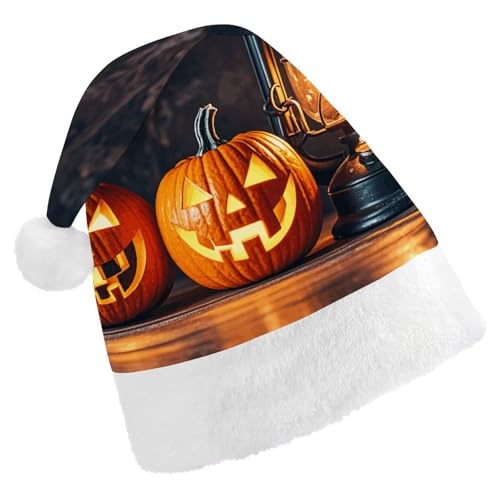 YKUDBN Klassische Weihnachtsmütze, eine Jack-o'-Laterne mit einem Smiley-Gesicht, klassische Weihnachtsmannmütze, Weihnachtsmannmütze, weiche Weihnachtsmütze mit weißem Plüschrand für Urlaubsspaß von YKUDBN