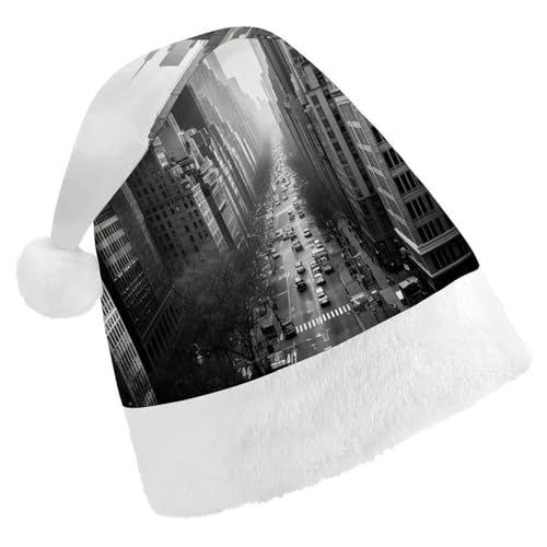 YKUDBN Klassische Weihnachtsmütze, schwarz und weiß, New York Druck, klassische Weihnachtsmannmütze, Urlaubskopfbedeckung, weiche Nikolausmütze mit weißem Plüschrand für Urlaubsspaß von YKUDBN