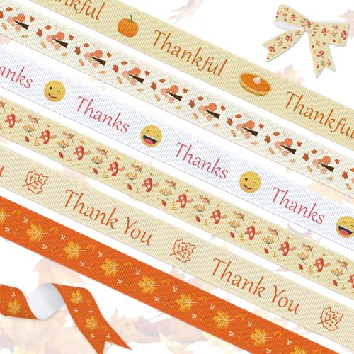 YKW 6 Rollen 18 Yards Herbstbänder, gewelltes Polyester-Satinband, Erntedankfest, Kürbis, Ahornblatt, orangefarbenes Band, 0,95 cm breit, für Geschenkverpackungen, Bastelarbeiten, Herbstdekoration, von YKW