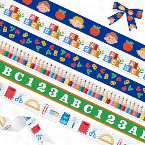 YKW Back to School Bänder-Set, 6 Rollen x 2,7 m, 0,95 cm breite Ripsbänder – Apfel, Bleistift, ABC-Muster für Lehrer, Klassenzimmer-Dekoration, Schulpartyzubehör von YKW