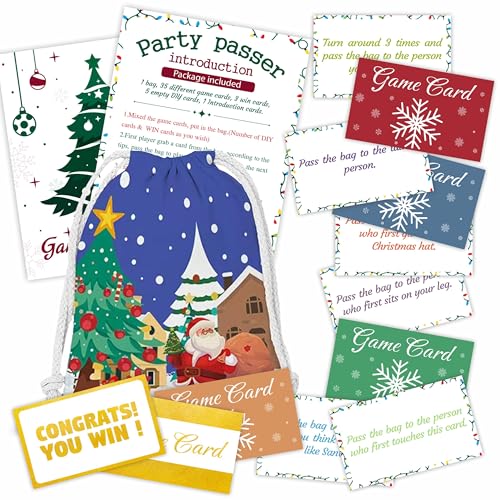 YKYENR A02 Weihnachtsspiel "Pass The Bag", 44 Spielkarten und 1 Pass-Tasche insgesamt, Partyspiel für Erwachsene, Urlaubsgruppenaktivität und Preisspiel, Heim- und Büro-Partyzubehör von YKYENR