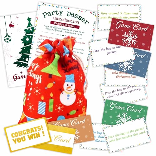 YKYENR A03 Weihnachtsspiel "Pass The Bag", 44 Spielkarten und 1 Pass-Tasche insgesamt, Partyspiel für Erwachsene, Urlaubsgruppenaktivität und Preisspiel, Heim- und Büro-Partyzubehör von YKYENR