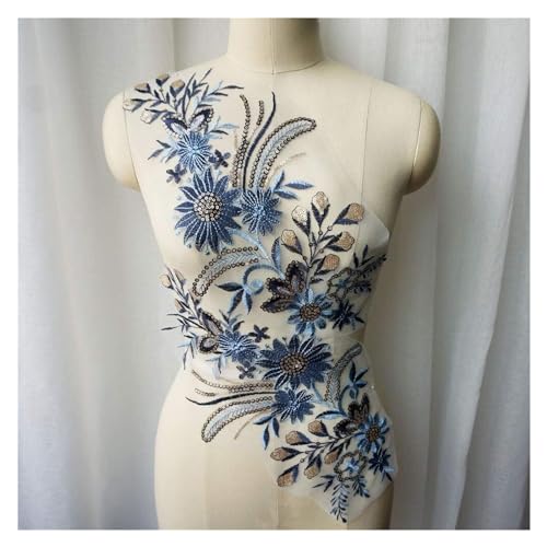 Gestickte Spitzenapplikationen, 1 Set, 2 Stück, blauer Pailletten-Blumen-Spitzenstoff, bestickte Kleid-Applikationen, Kragen, Netz, Nähflicken for Hochzeitsdekoration, Kleid, DIY von YKYKY