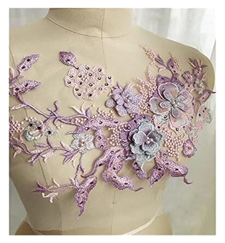 Gestickte Spitzenapplikationen, 3D-Blumen, Perlenstickerei, Aufnäher for Hochzeitskleid, Kleidung, Aufnäher, DIY Blumenspitze, Stoffapplikation(Purple) von YKYKY