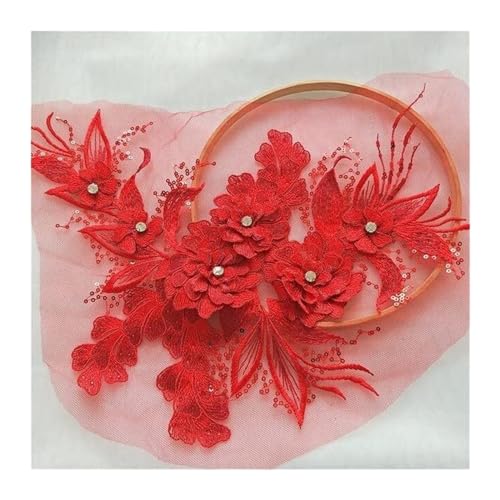 Gestickte Spitzenapplikationen, bestickte Spitzenapplikationen, 1 Stück, grün, rosa, grün, Hochzeitsaccessoires, Spitze, Blumenaufnäher, Motivapplikationen, Hochzeitskleid, 38 x 24 cm(Red) von YKYKY