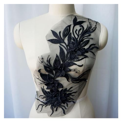 Gestickte Spitzenapplikationen, weiß, schwarz, grau, 3D-Blumen-Quasten-Spitzenstoff, Kleid-Applikationen, bestickter Kragen, Netz-Nähflicken for Hochzeitsdekoration, Kleid, DIY(Black) von YKYKY