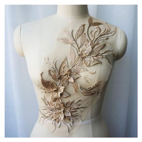 Gestickte Spitzenapplikationen, weiß, schwarz, grau, 3D-Blumen-Quasten-Spitzenstoff, Kleid-Applikationen, bestickter Kragen, Netz-Nähflicken for Hochzeitsdekoration, Kleid, DIY(Gold) von YKYKY