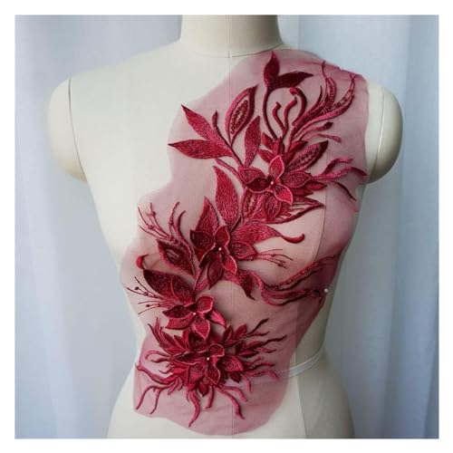 Gestickte Spitzenapplikationen, weiß, schwarz, grau, 3D-Blumen-Quasten-Spitzenstoff, Kleid-Applikationen, bestickter Kragen, Netz-Nähflicken for Hochzeitsdekoration, Kleid, DIY(Red) von YKYKY