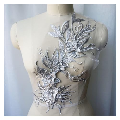 Gestickte Spitzenapplikationen, weiß, schwarz, grau, 3D-Blumen-Quasten-Spitzenstoff, Kleid-Applikationen, bestickter Kragen, Netz-Nähflicken for Hochzeitsdekoration, Kleid, DIY(Silver) von YKYKY