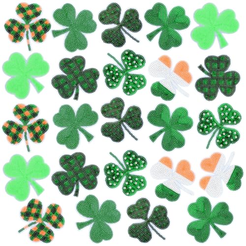 24 Stück Pailletten Kleeblatt Bügelbilder St. Patricks Day Glitzer bestickte Flicken Irish Patches Saint Patrick DIY Handwerk Nähen auf Applikationen für Kleidung, Jeans, Hut, Hemd, Pullover, von YLOLUL