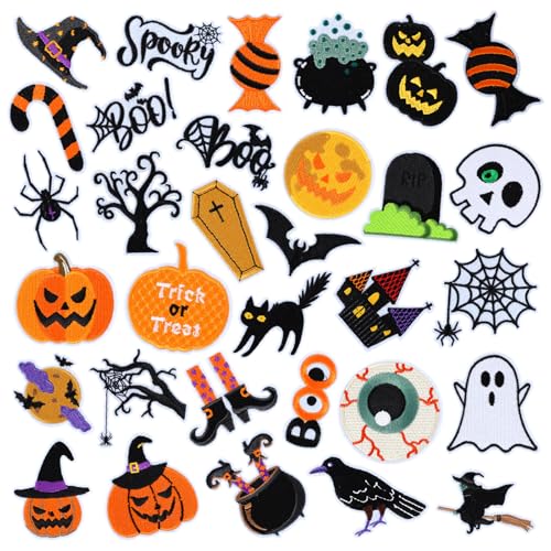 32 Stück Halloween Bügelbilder Boo Kürbis Fledermaus Geist Nähen auf bestickte Applikation Reparatur Patch DIY Handwerk Festliche Geschenke für Kleidung Hut Hemd Tasche Jeans DIY Dekorationen von YLOLUL