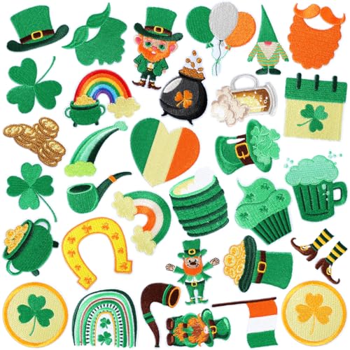 32 Stück St. Patricks Day Bügelbilder Kleeblatt Irisches Aufnähen auf bestickte Applikation Reparatur Patch Saint Patrick DIY Handwerk Festliche Geschenke für Kleidung Hut Hemd Tasche Jeans DIY von YLOLUL