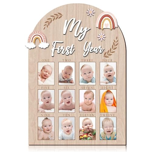 YLOLUL My First Year Photo Frame 12 Months Baby First Year Milestone Picture Board Wood 1st Birthday Decor Nursery Accessories Baby Childhood Keepsake Board 12 Photo Inserts, Newborn Baby Gift von YLOLUL