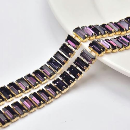 1 Yard Mehrfarbige 5 x 10 mm rechteckige Glas-Strasskette zum Aufnähen auf Kristallbesatzband-Applikation zum Selbermachen für Hochzeitskleid, Schuhdekoration-Amethyst-1 Yard-Silberbasis von YLREAN