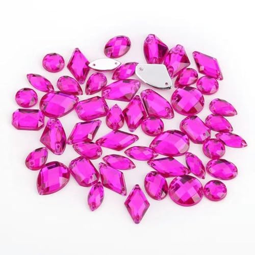 100 Stück Strasssteine in gemischten Formen, Glitzerkristall, Acryl, zum Aufnähen auf flache Rückseite, Strasssteine für DIY-Kleidung, Nähperlen-Magenta von YLREAN