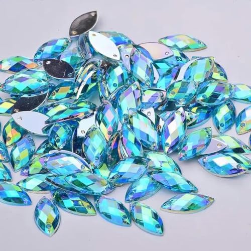 7 x 15 mm, 100 Stück, Nähen, Kristall, AB, Strass, flache Rückseite, Acrylsteine, Applikation zum Aufnähen, Pferdeauge, Kristall, Strass für Handarbeiten, Aquamarin AB von YLREAN