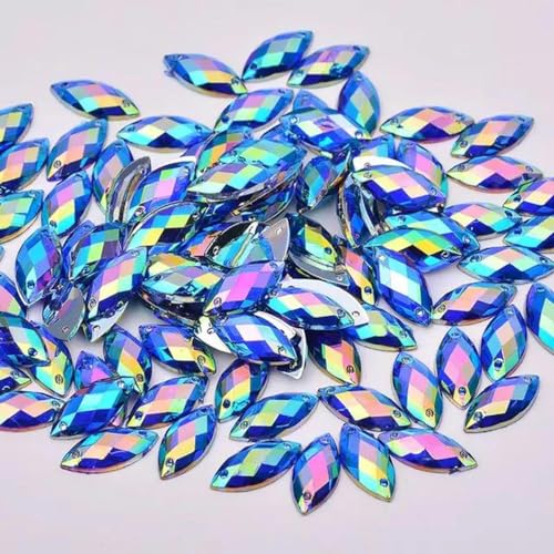 7 x 15 mm, 100 Stück, Nähen, Kristall, AB, Strass, flache Rückseite, Acrylsteine, Applikation zum Aufnähen, Pferdeauge, Kristall, Strass für Handarbeiten, Blau AB von YLREAN