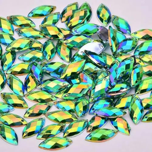 7 x 15 mm, 100 Stück, Nähen, Kristall, AB, Strass, flache Rückseite, Acrylsteine, Applikation zum Aufnähen, Pferdeauge, Kristall, Strass für Handarbeiten, Grün AB von YLREAN