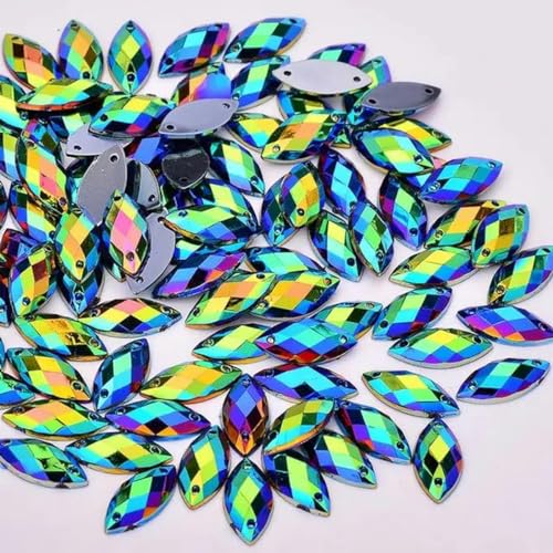 7 x 15 mm, 100 Stück, Nähen, Kristall, AB, Strass, flache Rückseite, Acrylsteine, Applikation zum Aufnähen, Pferdeauge, Kristall, Strass für Handarbeiten, Schwarz AB von YLREAN