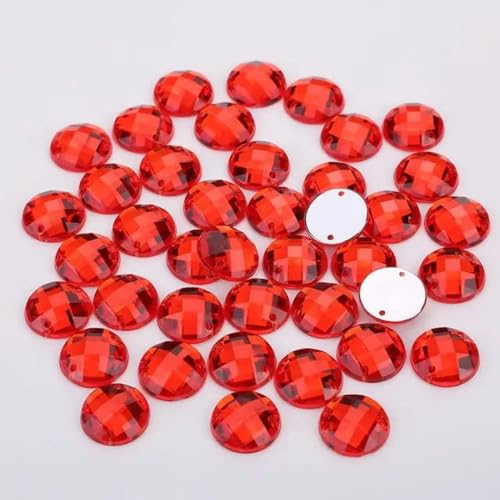 8 mm/10 mm/12 mm/15 mm runder Acryl-Strass mit flacher Rückseite, 2 Löcher, Nähen von Kristallperlen für DIY-Hochzeitskleider, Schuhe, Taschen, Rot, 8 mm, 100 Stück von YLREAN