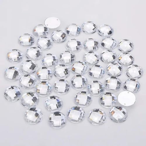 8 mm/10 mm/12 mm/15 mm runder Acryl-Strass mit flacher Rückseite, 2 Löcher, zum Nähen, Kristallperlen für DIY-Hochzeitskleider, Schuhe, Taschen-Kristall-12 mm, 50 Stück von YLREAN