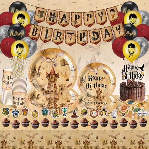 Harry Geburtstags Deko, Wizard Harry Partygeschirr Set, 122 Stück Wizard Pappteller Kindergeburtstag, Becher, Servietten, Luftballons, Tischdecke und Happy Birthday Banner für Harry Party Deko von YLXQJIN