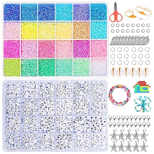 YLXQJIN Mini Glasperlen, 3mm Perlen zum Auffädeln, 24 Bunte Mini Glasperlen mit 1200 Buchstaben und Herzförmig Perlen Selber Machen Armbänder Charm Kit für DIY Armband Schmuckherstellung-13708 Stück von YLXQJIN